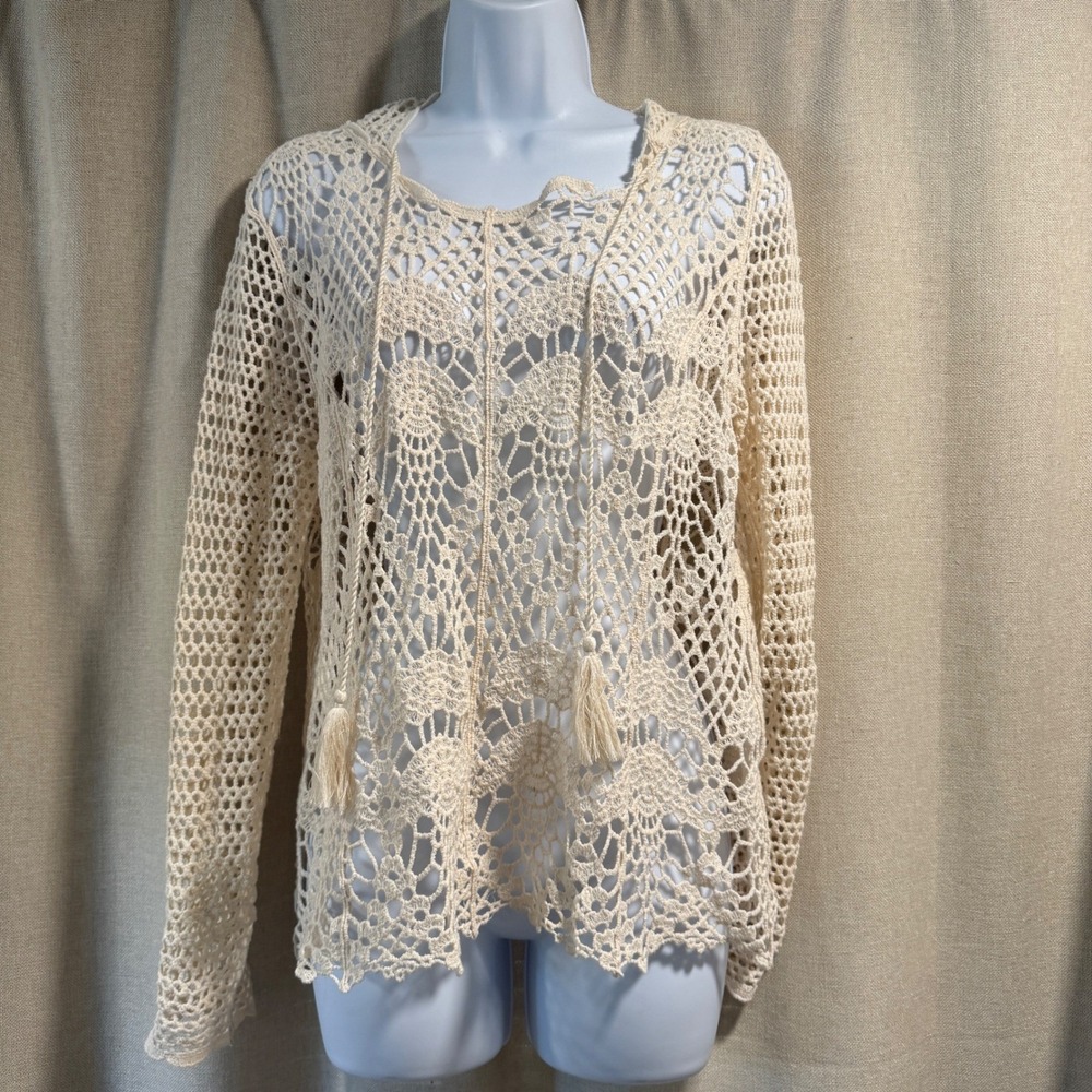 Versona Crochet Knit Tassel Tie Long Sleeve Boho Top S
